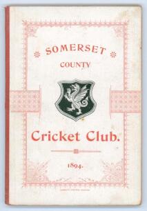 Somerset County Cricket Club Year Book 1894. Compiled by Tom H. Knight. Alex Hammett, Taunton 1895. Original decorative boards. Minor wear and soiling to boards, some surface loss to the vertical edge of the rear board otherwise in good/very good conditio