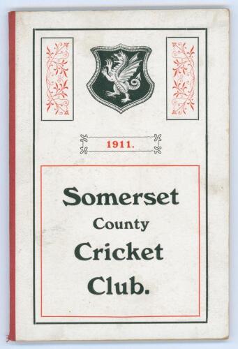 Somerset County Cricket Club Year Book 1911. Compiled by G.S. McAulay. Hamment & Co, Taunton 1912. Original decorative boards. Minor wear and slight breaking to front internal hinge otherwise in very good condition. Scarce