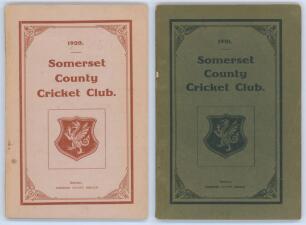 Somerset County Cricket Club Year Book 1920 and 1921. Somerset County Herald, Taunton. Original decorative wrappers. Some wear and rusting to the staples at the front of the book, minor wear, soiling to wrappers, small damge to the edge of the spine where