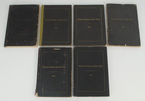 Surrey C.C.C. Handbook 1893, 1894, 1896, 1897, 1898 and 1899. Original brown boards with gilt titles to front board, some wear to gilt titles on the 1896 edition. Some wear to boards and spines, the 1897 edition with replacement spine, the 1898 edition wi