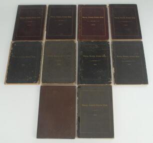 Surrey C.C.C. Handbook 1900 to 1909. Original brown boards with gilt titles to front board, some wear to gilt titles, with the exception of the 1900 edition which has been rebound, in similar brown boards. Some wear to boards and spines, the 1902 edition 