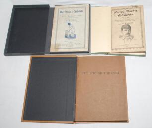 Surrey cricket. Three titles. ‘Old Cricket and Cricketers’, H.H. Montgomery (Bishop of Tasmania), London 1890. Original pictorial paper wrappers, contained in modern grey cloth clamshell box. Padwick 817. ‘Surrey Cricket and Cricketers’, R.S. Holmes, Lond