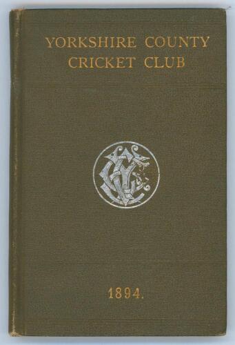 Yorkshire C.C.C. annual 1894. 2nd year of issue. 136p plus ‘Notes’ pages as issued. Edited by J.B. Wostinholm. J. Robertshaw, Sheffield, printer. Original olive boards with titles in gilt to front board and white ‘Y.C.C.’ emblem to centre, gilt to page ed