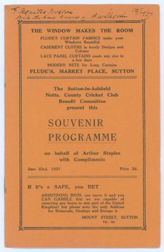 Arthur Staples Benefit 1937. Rarely seen official souvenir programme for ‘Notts County v Sutton and District’, Sutton-in Ashfield, dated 23rd June 1937. The programme with editorial comment on Staples career, testimonials by Larwood, Heane, Quaife, Hammon