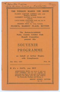 Arthur Staples Benefit 1937. Rarely seen official souvenir programme for ‘Notts County v Sutton and District’, Sutton-in Ashfield, dated 23rd June 1937. The programme with editorial comment on Staples career, testimonials by Larwood, Heane, Quaife, Hammon