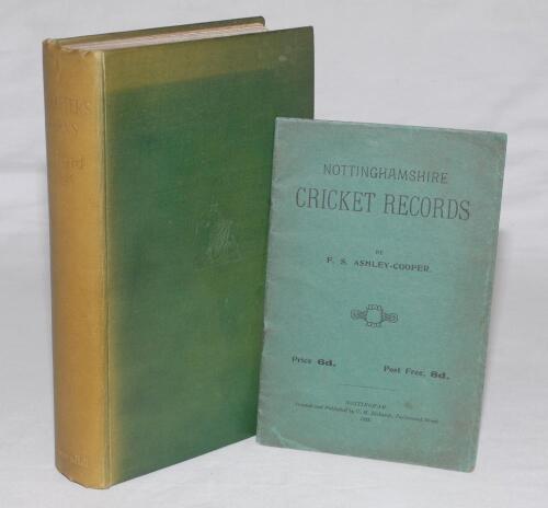 ‘Nottinghamshire Cricket Records’. F.S. Ashley-Cooper, Nottingham 1928. Original green paper wrappers. 20pp. Rusting to staples and minor soiling to wrappers, otherwise in good/ very good condition. Sold with ‘A Cricketer’s Yarns’, Richard Daft, London 19