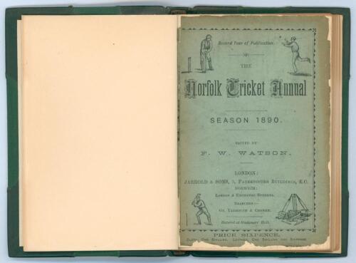 ‘The Norfolk Cricket Annual. Season 1890’. Second year of publication. Edited by F.W. Watson. Published by Jarrold & Sons, London and Norwich. Handsomely bound in dark green half leather and cloth, raised bands, gilt title and bat and ball emblem to spine