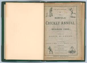 ‘The Norfolk Cricket Annual. Season 1893’. Fifth year of publication. Edited by Robin H. Legge. Published by Jarrold & Sons, London and Norwich. Handsomely bound in dark green half leather and cloth, raised bands, gilt title and bat and ball emblem to spi