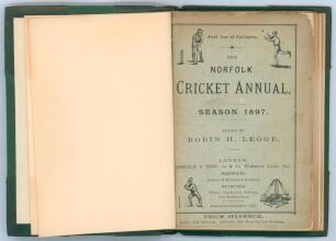 ‘The Norfolk Cricket Annual. Season 1897’. Ninth year of publication. Edited by Robin H. Legge. Published by Jarrold & Sons, London and Norwich. Handsomely bound in dark green half leather and cloth, raised bands, gilt title and bat and ball emblem to spi