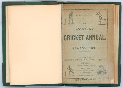 ‘The Norfolk Cricket Annual. Season 1898’. Tenth year of publication. Edited by Robin H. Legge. Published by Jarrold & Sons, London and Norwich. Handsomely bound in dark green half leather and cloth, raised bands, gilt title and bat and ball emblem to spi