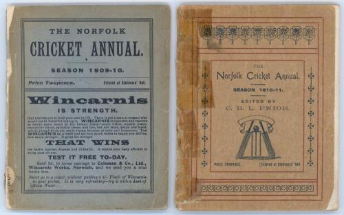 ‘The Norfolk Cricket Annual’ Seasons 1909-10 and 1910-11. Two annuals edited by C.B.L. Prior, both in original paper wrappers. Ownership name of Henry Blofeld in pencil to first advertising page of the 1909/10 issue, the 1910/11 issue with typed ownership