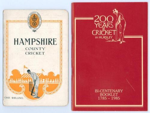 ‘Hampshire County Cricket’. F.S. Ashley-Cooper. London 1924. Original pictorial paper wrappers. Padwick 2025. Sold with ‘200 Years of Cricket in Hursley: Bicentenary Booklet 1785-1985’. Qty 2. Very good condition.