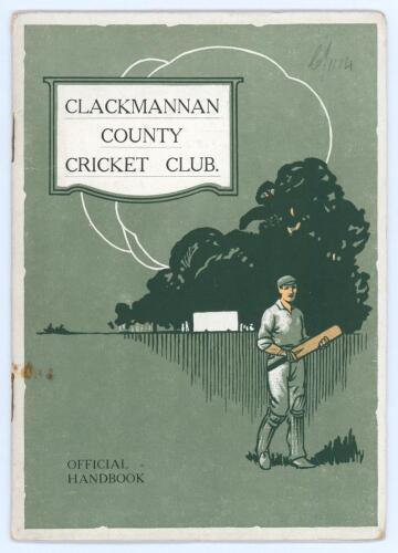 ‘Clackmannan County Cricket Club’ (Near Alloa, Scotland). Official handbook for 1926. Excellent pictorial card covers. Padwick no. 3242. Minor ageing and slight rust marks otherwise in very good condition