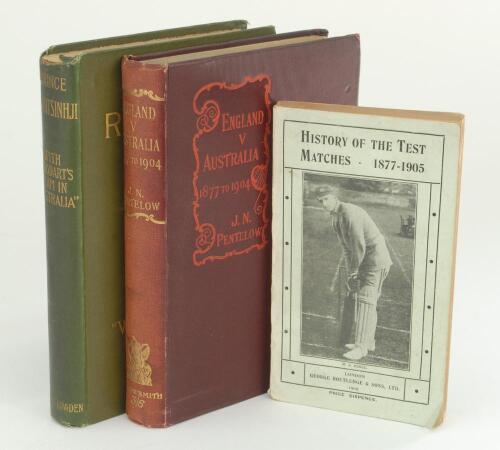 ‘History of the Test Matches 1877-1905’, ‘Cover-Point’ T. Broadbent Trowsdale, Routledge. London 1905. Image of Monty Noble to front wrapper. In very nice condition. Sold with ‘With Stoddart’s team in Australia’. K.S. Ranjitsinhji. London 1898 in original