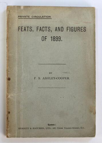 ‘Feats, Facts, and Figures of 1899’. F.S. Ashley-Cooper. Published for private circulation by Merritt & Hatcher, London 1899. First year of issue, of which only twenty copies were produced. 51pp. Original pale blue paper wrappers. Presentation copy with i