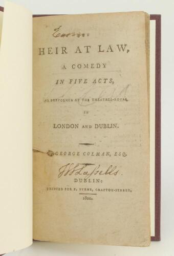 ‘Heir at Law’. George Coleman 1800. Bound in mauve boards, lacking original wrappers, with titles in gilt to spine. 68pp. Small damage to title page with small loss, signatures of ownership to title page, some minor tears, nicks and staining to odd pages,