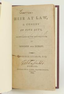 ‘Heir at Law’. George Coleman 1800. Bound in mauve boards, lacking original wrappers, with titles in gilt to spine. 68pp. Small damage to title page with small loss, signatures of ownership to title page, some minor tears, nicks and staining to odd pages,