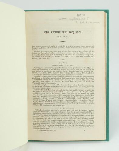 ‘The Cricketers’ Register for 1833’. 32pp booklet originally issued in three parts by ‘The New Sporting Magazine’ in the magazine’s issues of August (no. 28), September (no. 29) and October (no. 30) of 1833, paginated so they could be extracted from the m