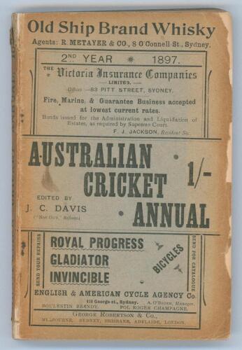 ‘The Australian Cricket Annual’. Second Year 1897. A complete Record of Australian Cricket in 1896-7’. Edited by John C. Davis. George Robertson & Co., Sydney 1897. 250pp plus advertising pages. Complete. Original decorative paper wrappers. Padwick 3357. 