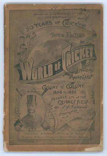 ‘World of Cricket. Fifty Years of Cricket. England v Australia, Colony v Colony 1856-1895, Records etc of the Cricket Field’. F.J. Ironside. 3rd Edition 1895. Published by W. Dymock, Sydney 1895. Printed by McCarron, Stewart & Co., Sydney. Original decora