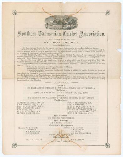 Southern Tasmanian Cricket Association. Rare Third Annual Circular for Season 1869-70’. Double sided single page large format circular. Presumably printed at the ‘Mercury’ Steam Press Office, Hobart. Tears to top and bottom repaired with tape to second ba