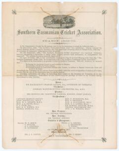 Southern Tasmanian Cricket Association. Rare Third Annual Circular for Season 1869-70’. Double sided single page large format circular. Presumably printed at the ‘Mercury’ Steam Press Office, Hobart. Tears to top and bottom repaired with tape to second ba