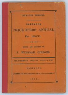 West Indies. ‘The Barbados Cricketers’ Annual for 1910-11. Seventeenth year of publication’. Edited and compiled by J. Wynfred Gibbons. Printed at the Globe Office, Barbados 1911. Original paper wrappers. Padwick 3677. Some wear to wrappers and page edges