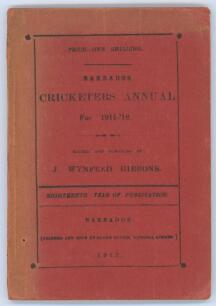 West Indies. ‘The Barbados Cricketers’ Annual for 1911-12. Eighteenth year of publication’. Edited and compiled by J. Wynfred Gibbons. Printed at the Globe Office, Barbados 1912. Original paper wrappers. Padwick 3677. Some fading and minor wear to wrapper