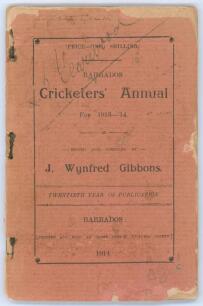 West Indies. ‘The Barbados Cricketers’ Annual for 1913-14. Twentieth [final] year of publication’. Edited and compiled by J. Wynfred Gibbons. Printed at the Globe Office, Barbados 1914. Original paper wrappers. Padwick 3677. Ownsership names in ink to fro