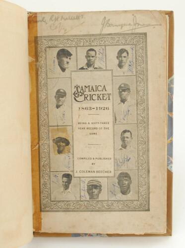 ‘Jamaica Cricket 1863-1926, being a sixty-three year record of the game’. Compiled and published by J. Coleman-Beecher, Lingston. Printed by The Gleaner Co Ltd 1926. 97pp plus advertising pages, illustrated. Original pictorial front wrapper, lacking rear,