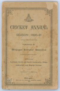 ‘Wellington Cricketers Association Cricket Annual. Season 1890-91’. Edited by F.E. Brittain. Bock & Co., Wellington 1891. 106pp. Includes mounted photographs of the ‘Wellington Representatives 1890-91’ and of the ‘Canterbury Representatives 1890-91’. Orig