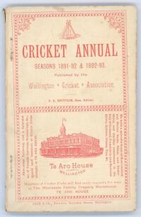 ‘Wellington Cricketers Association Cricket Annual. Seasons 1891-92 & 1892-93’. Edited by F.E. Brittain. Bock & Co., Wellington 1893. 110pp. Original paper wrappers. Padwick 3758. Minor wear and splitting to spine, otherwise in very good condition. Rare.