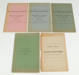 South African Cricket Association. Annual Reports for 1907, 1909, 1910, 1911 and 1914. The majority published by Charles Perrin, Johannesburg. The 1907 edition with some wear and age toning, the 1909 and 1910 editions with detached wrappers, the 1911 and 