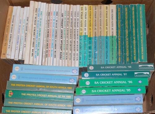 South African Cricket Annual 1951/52-2007. A complete run of the Annual for seasons 1951/52 (first issue), 1952/53, 1954-1957, 1959, 1960, 1961/62, and 1963-2019 in paper wrappers. There was no issue for 1958. Odd duplication. Odd minor faults to earlier 