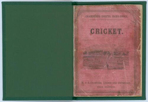 ‘Cricket. Its Theory and Practice by Captain Crawley’. G.F. Pardon. Chambers’s Useful Hand-Books, London, first edition 1865. Original red decorative wrappers with engraving of a cricket scene to front. Tipped in to modern green cloth. Ownership name in i