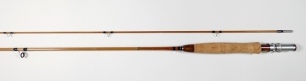 A good Ian D. Martin hand built 2 piece cane brook trout fly rod, 7'6", #4/5, green silk wraps, olivewood tipped cork handle, olivewood reel seat with alloy screw grip fitting nickel silver suction ferrule, retailed through Farlow's, light use only, in ba