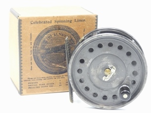 A good Hardy Uniqua 4 ½" salmon fly reel, ebonite handle, ribbed brass foot, nickel silver telephone drum latch, milled rim tension screw and Mk.II check mechanism, only very light wear to dark lead finish, backplate very lightly scratched previous owner