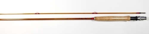 A good Hardy "Palakona" 2 piece cane trout fly rod, 8', #7, scarlet/green tipped silk wraps, alloy screw grip reek fitting, suction joint, as new with plastic wrapper still on handle, in bag