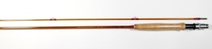 A good Hardy "Palakona" 2 piece cane trout fly rod, 8', #7, scarlet/green tipped silk wraps, alloy screw grip reek fitting, suction joint, as new with plastic wrapper still on handle, in bag