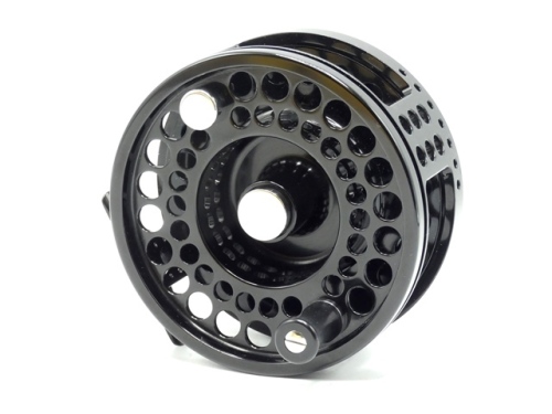 A scarce Saracione Islamorada #12 big game fly reel, black anodised finish, right hand wind 4 ½" model, large arbour ventilated drum with counter-balanced composition handle, rear rim mounted graduated sliding drag adjusting arm with spindle mounted mille