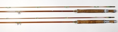 A Pezon et Michel (Farlow's) "Super Parabolic Fario Club" 2 piece cane trout fly rod, 8'5", #5/6, green/scarlet tipped wraps, alloy screw grip reel fitting, staggered suction ferrule, in bag and a similar Fario Club rod with restored/re-whipped tip sectio