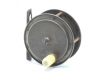 A Hardy Hercules 2 ½" brass trout fly reel, domed ivorine handle on raised winding plate, pierced and waisted bridge foot, triple cage pillars, fixed check mechanism, faceplate stamped shaded Rod in Hand trademark and enclosed oval logo, circa 1895