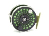 An Ari't Hart Rio Orbigo F2 trout fly reel, left hand wind reel with black anodised finish, counter-balanced ribbed handle, annular line guide, gold anodised stancheon foot with triform rear plate, rear spindle mounted tension adjuster and optional check