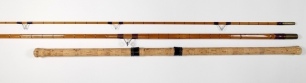 A scarce Chapman "Fred J. taylor Roach" 2 piece hollow built cane float rod, 12'6", detachable cork handle with sliding black painted alloy reel fittings, stand-off rings, agate lined tip and butt eyes, excellent condition, in bag