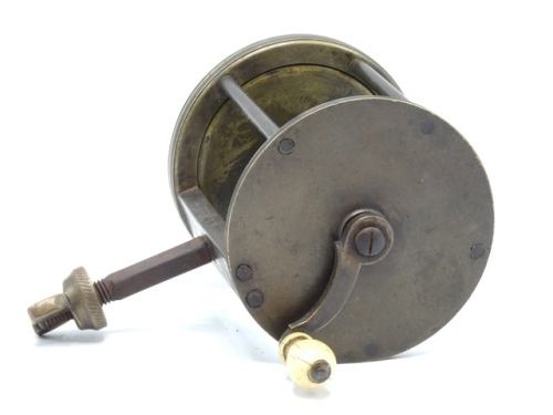 A rare 19th Century brass 3" spike fitting winch, turned bone handle on curved crank winding arm with domed iron locking screw, triple drum pillars, block foot with square tapered threaded spike rod fitting with milled butterfly locking nut, circa 1850 (s