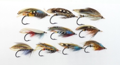 A collection of ten fully dressed gut eyed salmon flies, various makes and sizes, comprising 4 x 6/0, 1 x 4/0 and 5 x 2/0 irons (10)