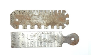 A scarce A.W. Baker & Sons steel gut gauge, formerly the property of A.H.E. Wood, the rectangular bat shaped gauge with twelve measuring slots, stamped makers name, 1933 and "Wood - Cairnton" to both sides, 5 ½" long and a W. Marrles & Sons, Sheffield s