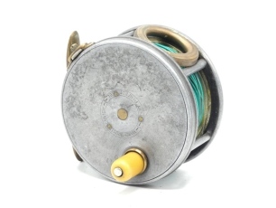 A Hardy Perfect 3 ¾" salmon fly reel, ivorine handle, brass foot (neatly reduced), later brass line guide, strapped rim tension screw with Turk's head locking nut and 1906 calliper spring check mechanism, nickel silver drum locking screw and faceplate wi