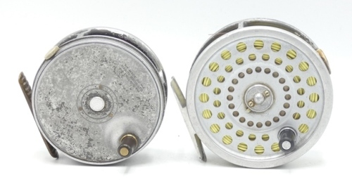 A Hardy Perfect 3 3/8" trout fly reel, ebonite handle, ribbed brass foot, Mk.II check mechanism, worn finish, in zip case and a Hardy Marquis #8/9 fly reel, used condition (2)