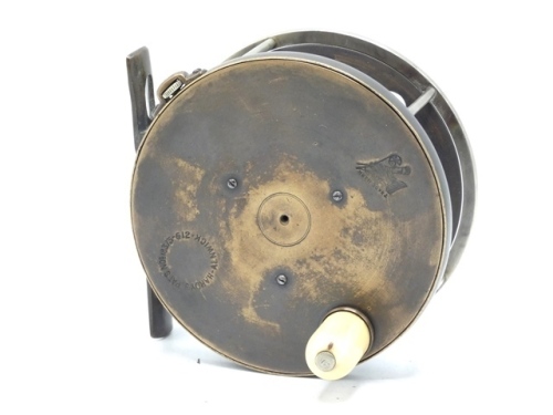 A rare Hardy 1893/4 Transitional Brass Perfect 4 ¼" salmon fly reel, domed ivorine handle, pierced and waisted bridge foot, nickel silver rim and four drum pillars, strapped tension screw with early calliper spring check mechanism, open ball race with ph